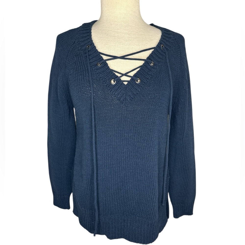 Anthropologie Moth Asbury Chunky Knit Lace-up V-neck Sweater Navy Blue Medium